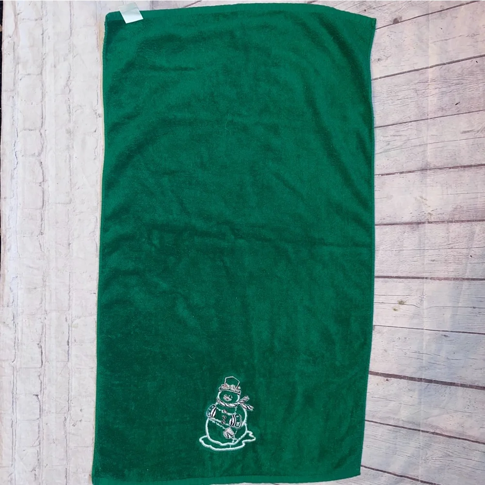 Vintage Holiday Bathworks Towel Snowman Appliqué Green 22 x 38